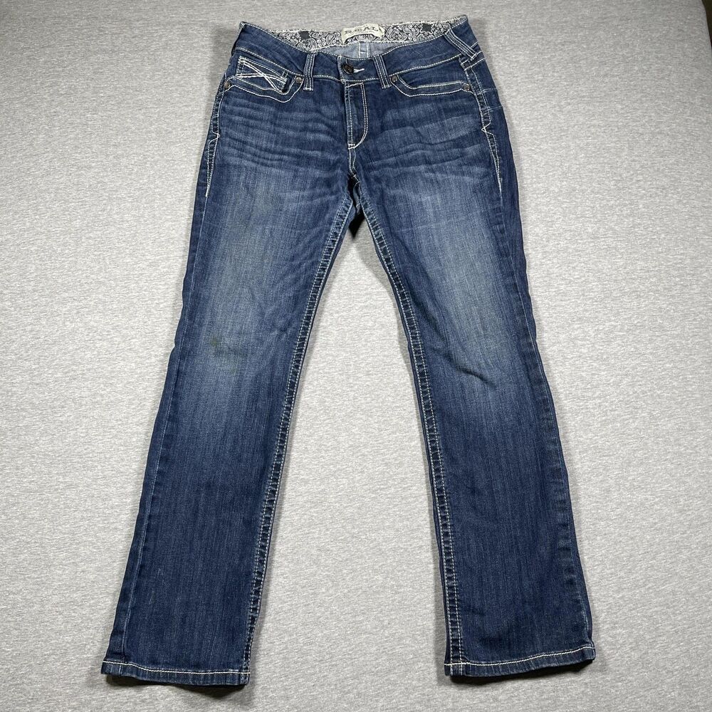 Ariat REAL Jeans Womens 31L Blue Mid Rise Straight Embroidered Distressed